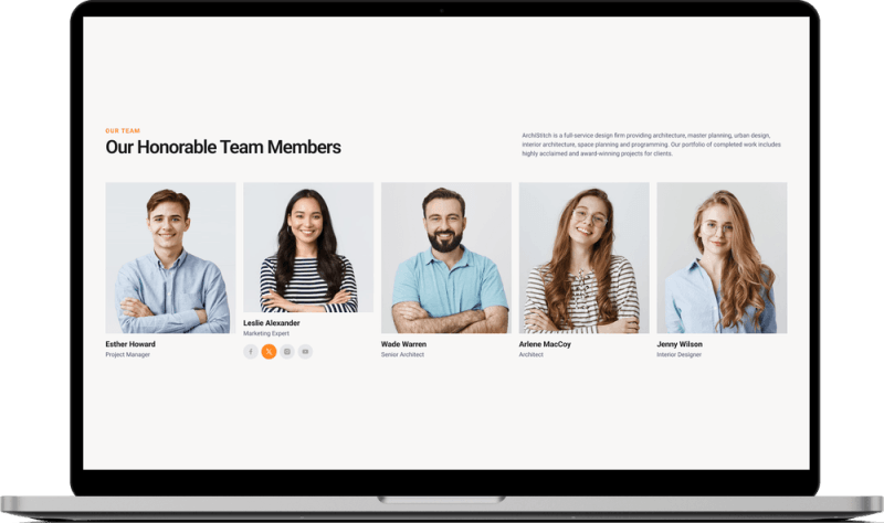 Architectural website meet the team section stitch, hand-coded in HTML and CSS