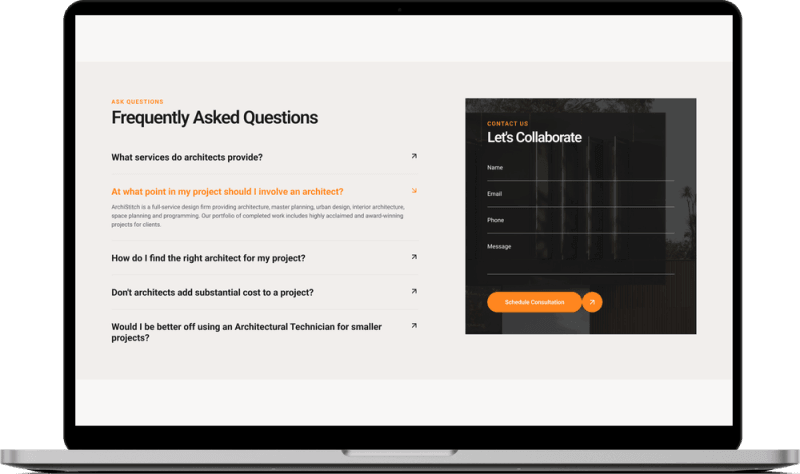 Architectural website contact form section stitch, hand-coded in HTML and CSS