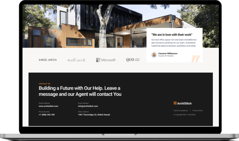 Architectural website footer section stitch, hand-coded in HTML and CSS