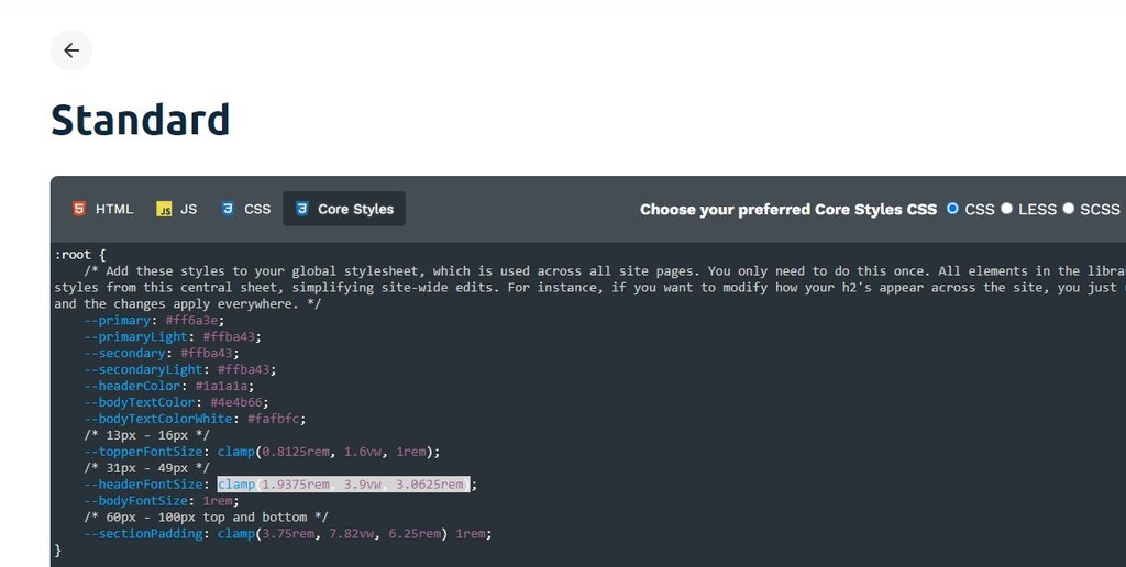 The Core Styles tab in the CodeStitch get code pop up