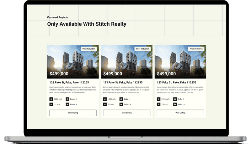 Real estate website section stitch, hand-coded in HTML and CSS